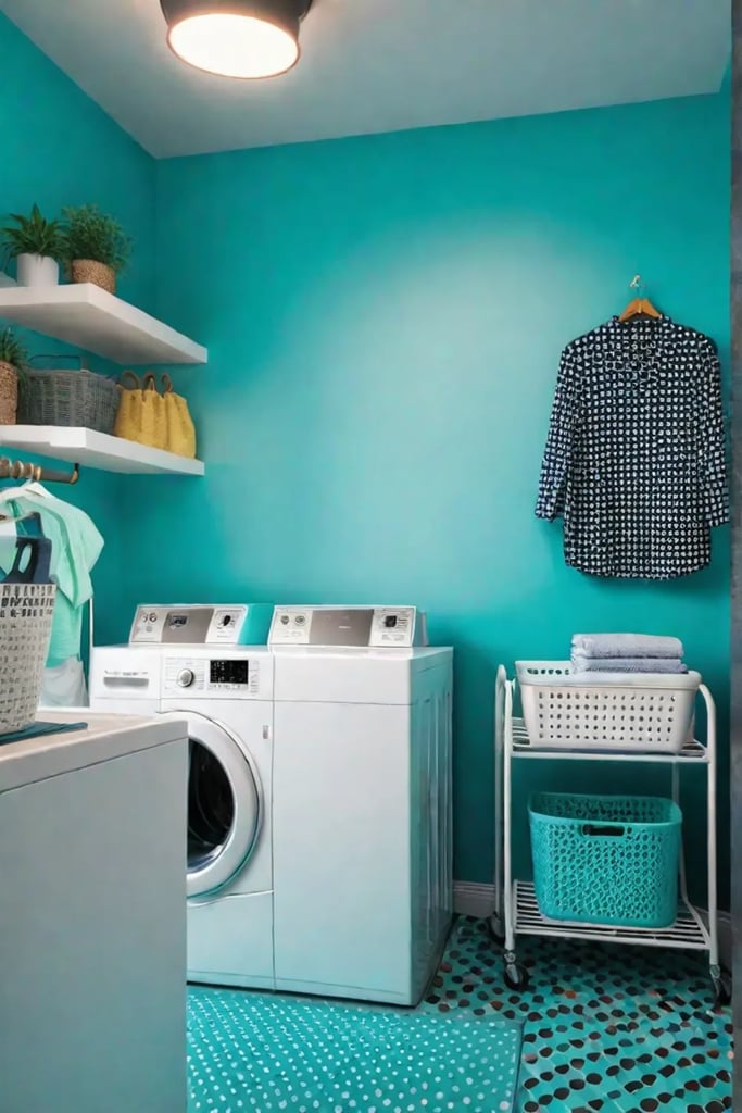 Playful laundry room with polka dot wallpaper and turquoise cart