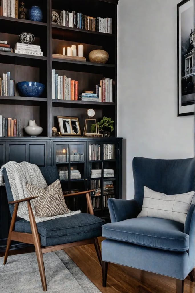 Reading chair with patterned throw pillow in a personalized nook