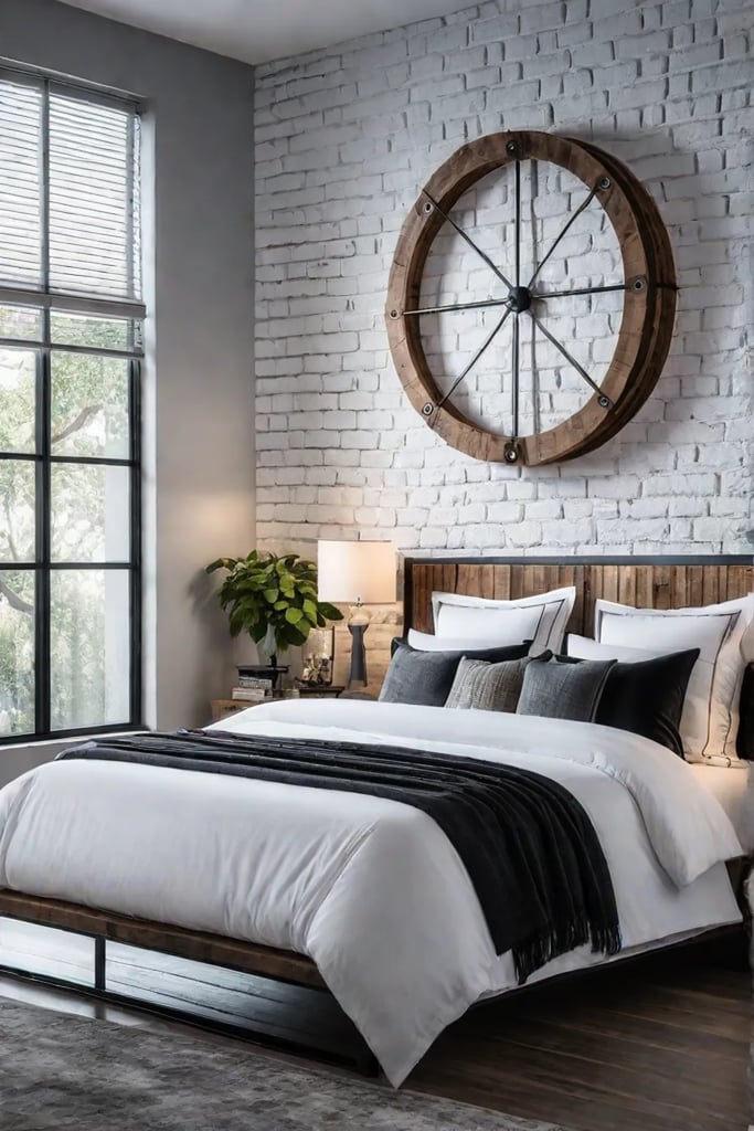 Reclaimed wood circular headboard against a white brick wall