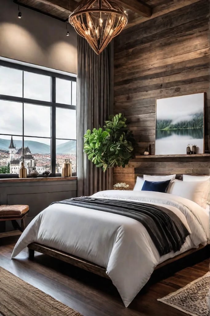 Reclaimed wood headboard in cozy bedroom