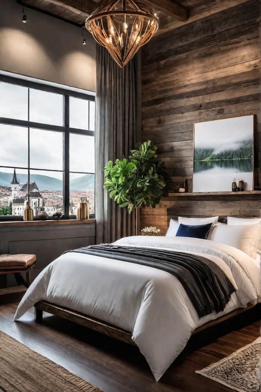 Reclaimed wood headboard in cozy bedroom