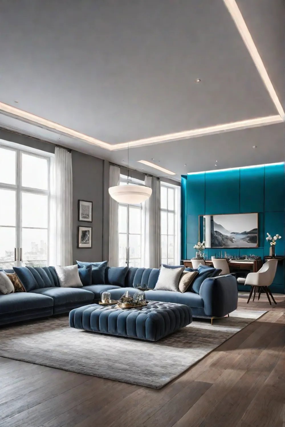 Reflective surfaces enhancing the sense of space in a small living room