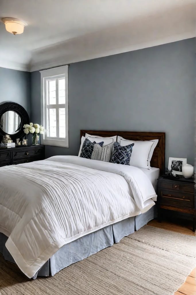 Repurposed curtains bedskirt in cozy bedroom