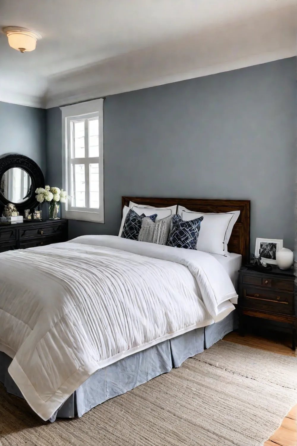 Repurposed curtains bedskirt in cozy bedroom