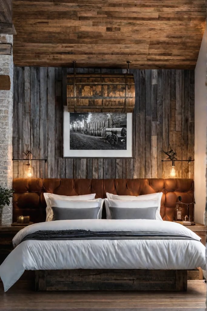 Repurposed wine barrel headboard with rustic charm