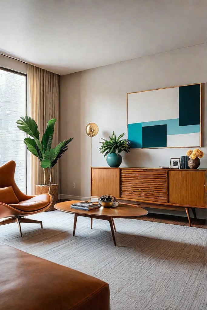 Retroinspired small living room with floating shelves and artwork