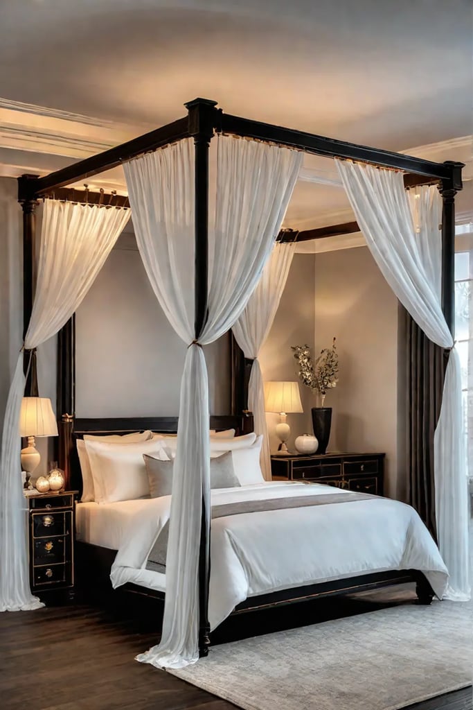 Romantic rustic bedroom with layered lighting and fourposter bed