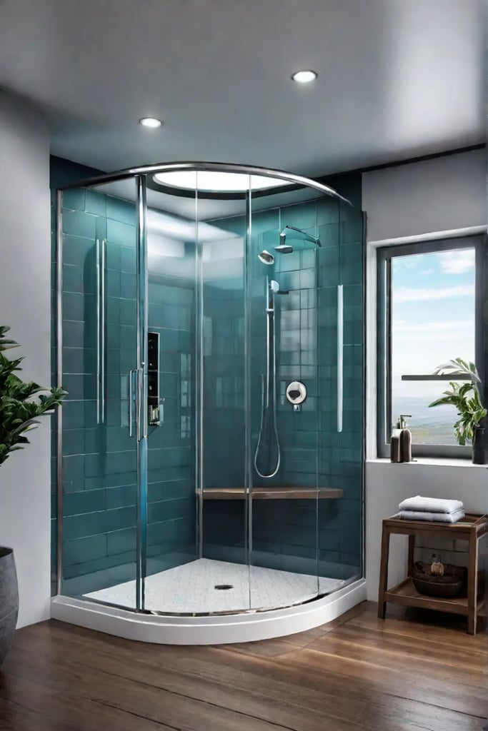Rounded corner shower enclosure with a curved glass door and bench seat
