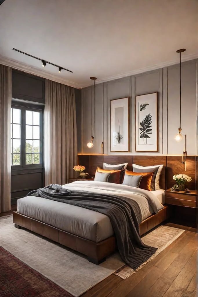 Rustic and cozy bedroom with a warm color palette and natural wood