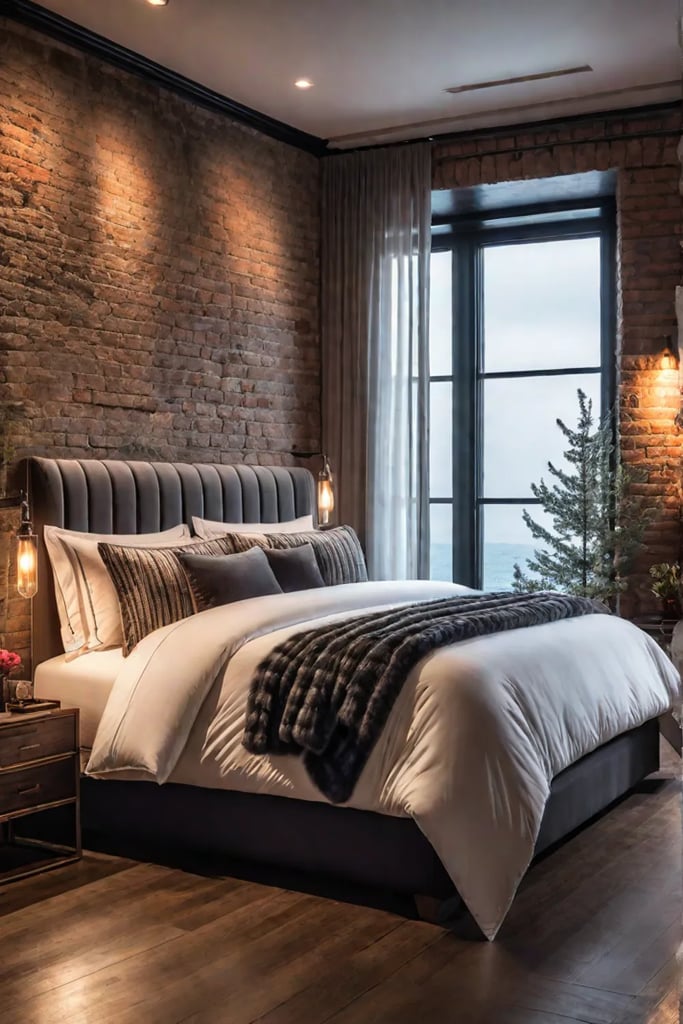 Rustic bedroom with exposed brick fireplace and warm lighting