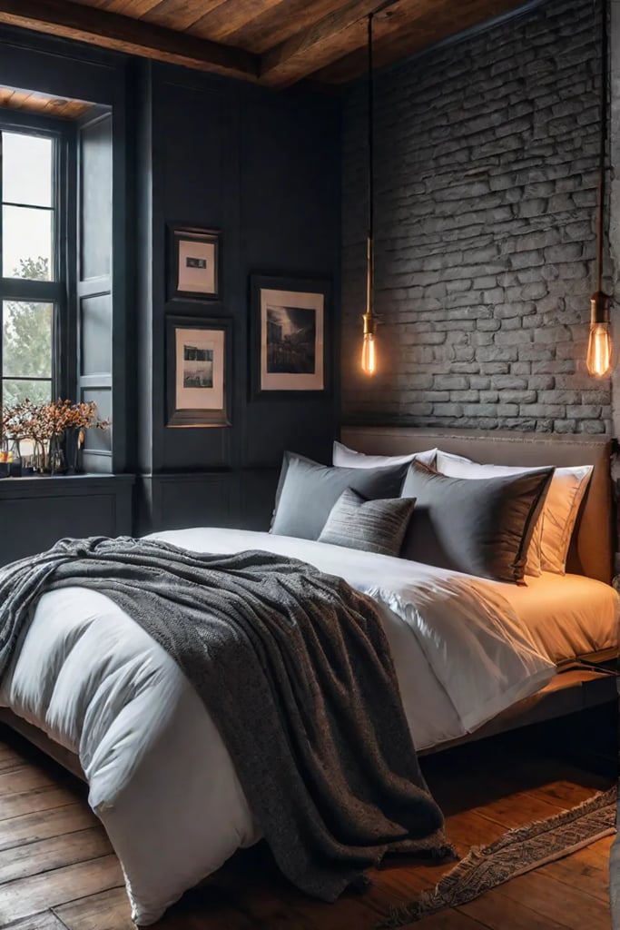 Rustic bedroom with fireplace and warm layered lighting