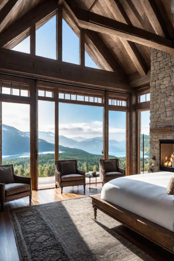 Rustic bedroom with floortoceiling stone fireplace