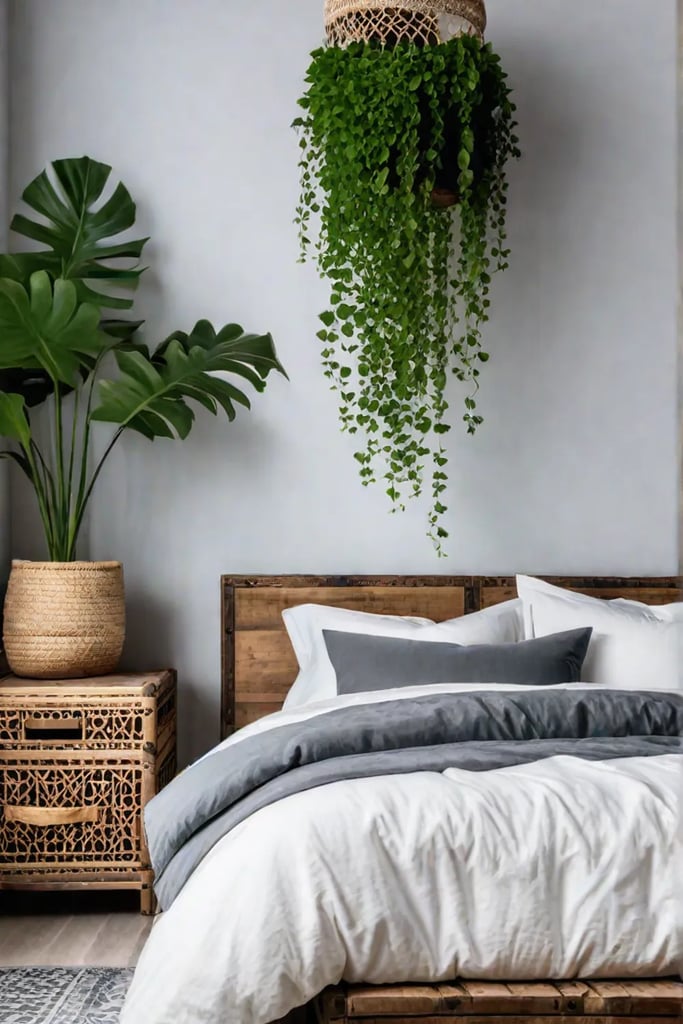 Rustic bedroom with macrame rattan and vintage accents