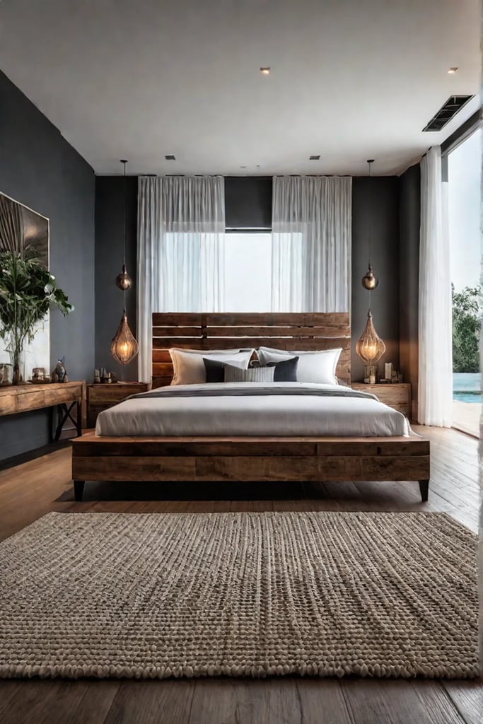 Rustic bedroom with natural materials and vintageinspired lanterns
