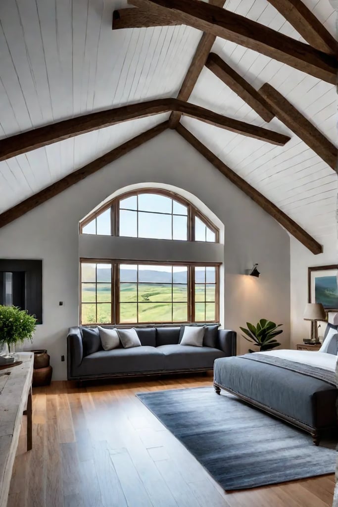 Rustic bedroom with vaulted ceiling and nature view