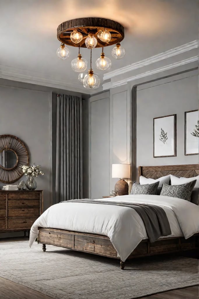 Rustic bedroom with wagon wheel chandelier and Edison bulbs