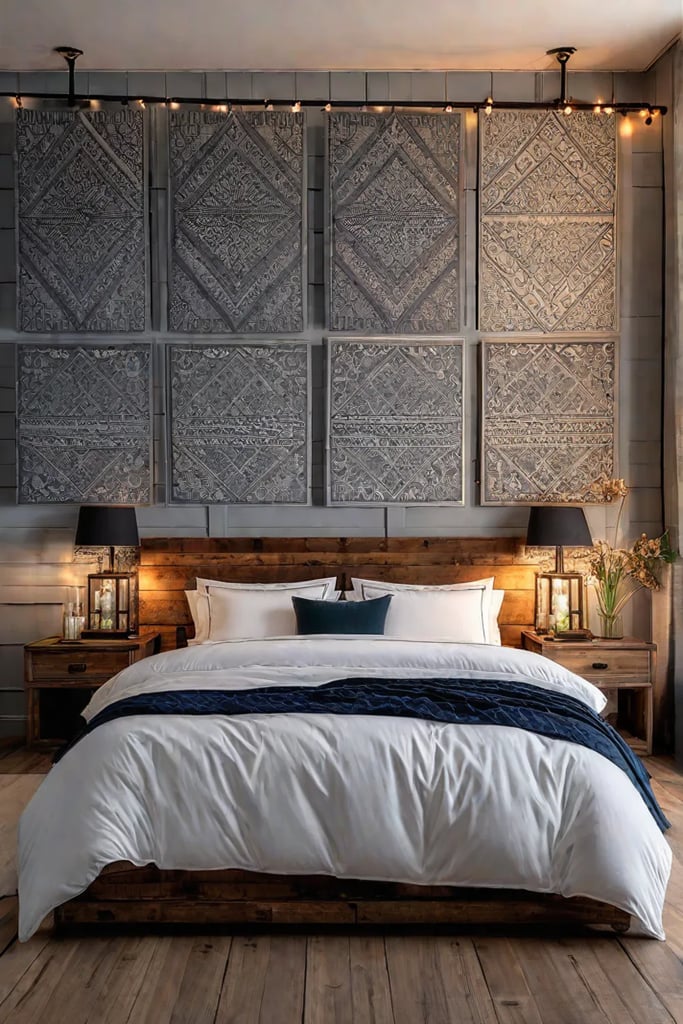 Rustic bedroom with warm candlelight and string lights
