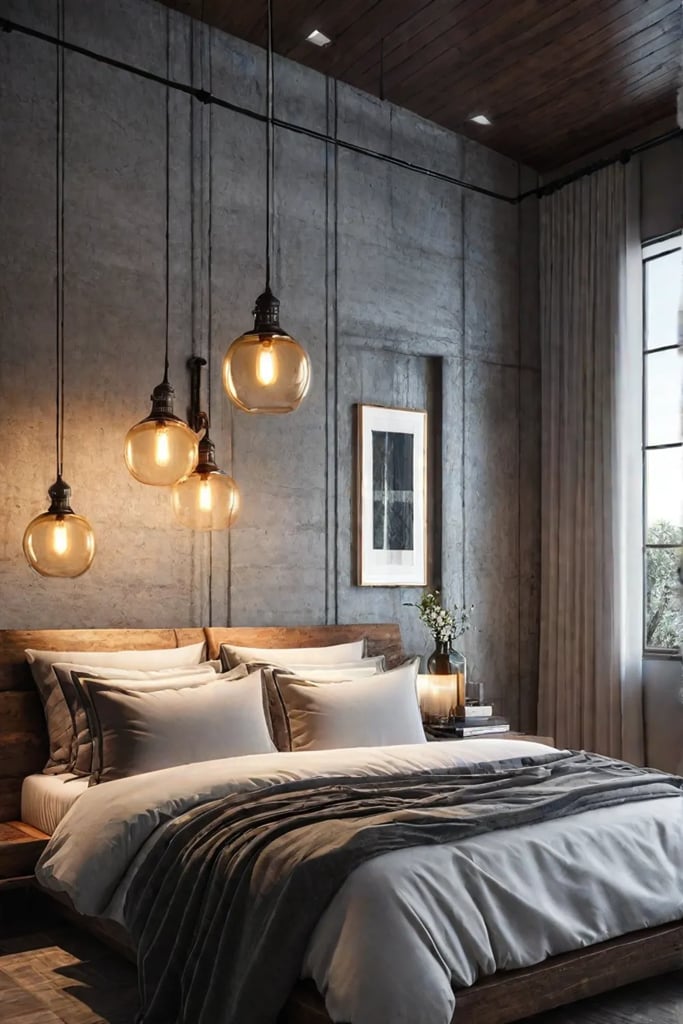 Rustic bedroom with wooden accent wall fireplace and layered lighting 1