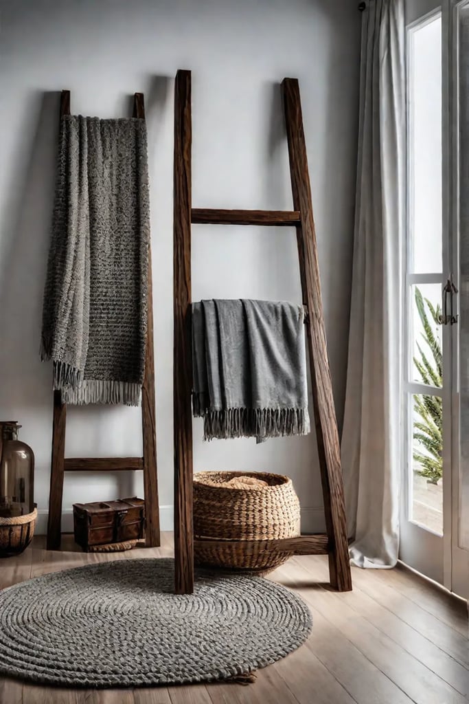 Rustic bedroom with wooden ladder and accessories