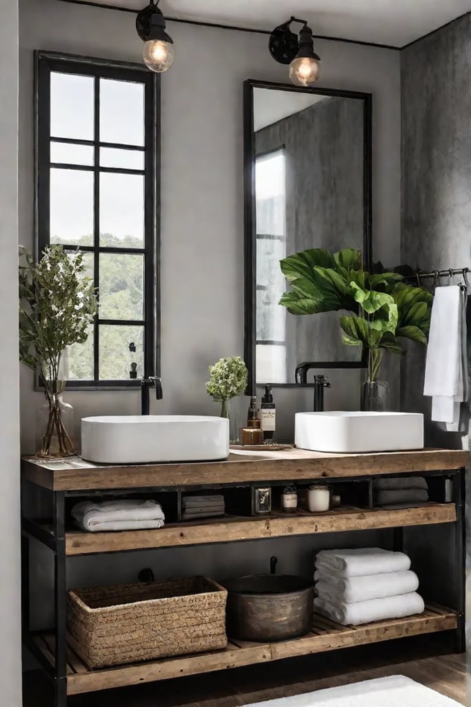 Rustic farmhouse bathroom with distressed vanity and open shelving