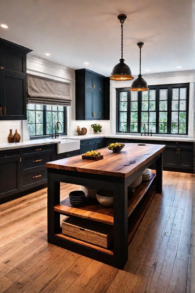 Rustic kitchen island with liveedge wood countertop and stone base
