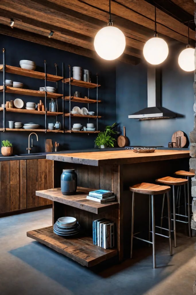 Rustic kitchen island with reclaimed wood and open shelving