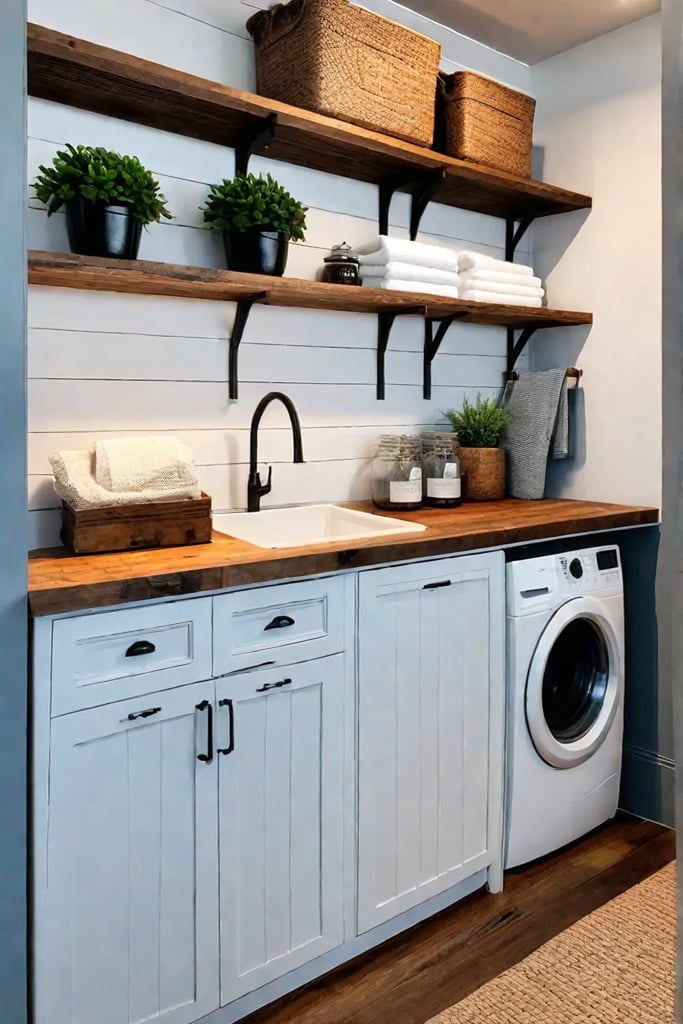 Rustic laundry room with farmhouse sink and reclaimed wood shelving