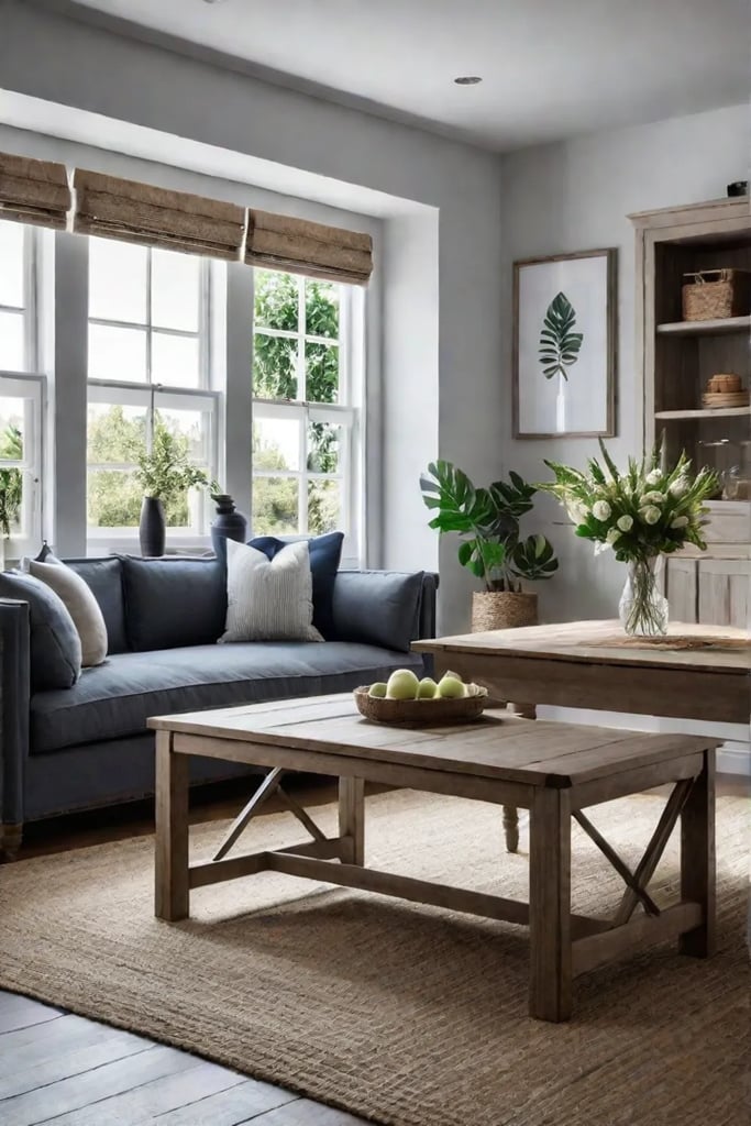 Scandinavian farmhouse living room with a linen sofa bed rustic storage bench