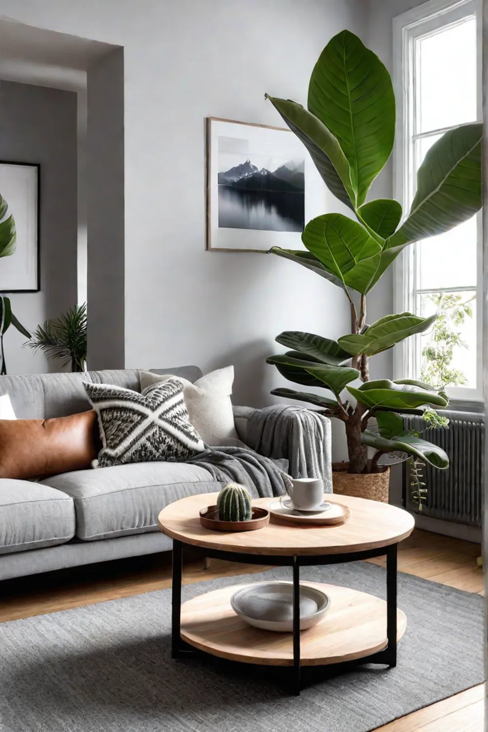 Scandinavian living room with sheepskin rug and fiddleleaf fig