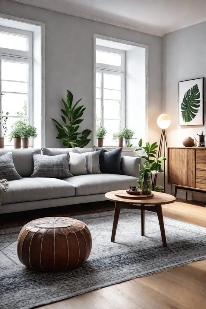 Scandinavian living room with warm wood accents and cozy textiles