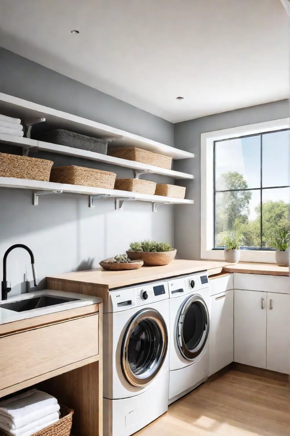 Serene laundry space with white and wood tones