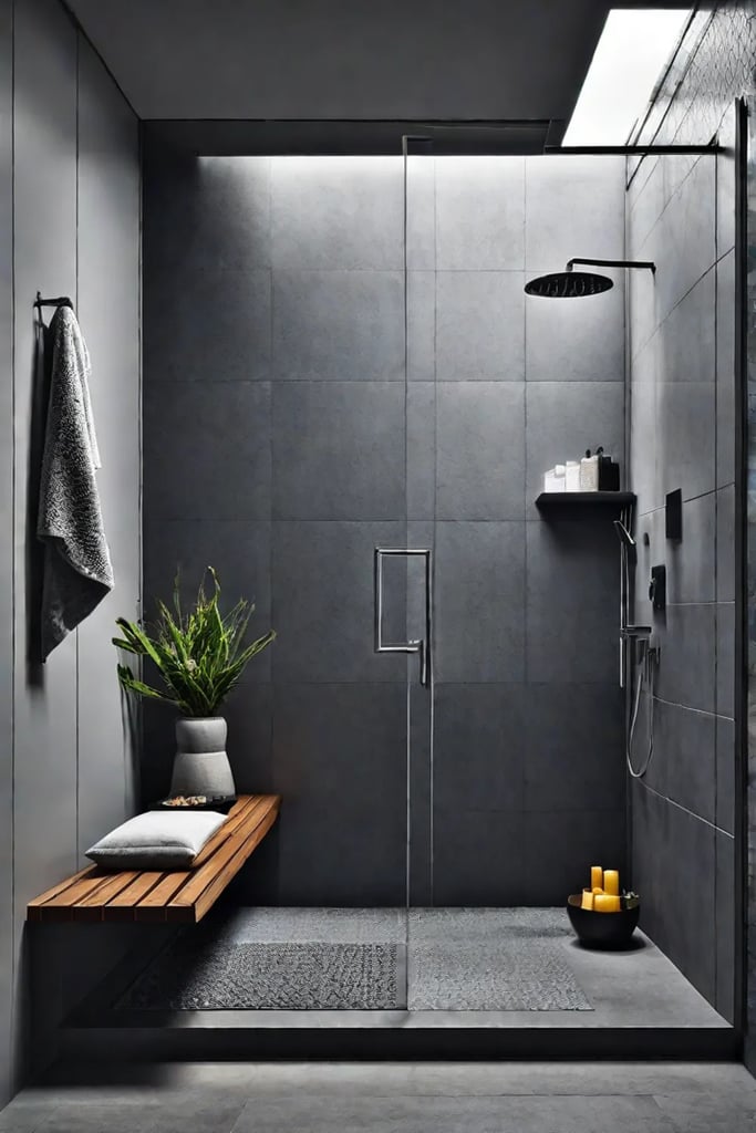 Shower area with a builtin bench and niche for seating and storage