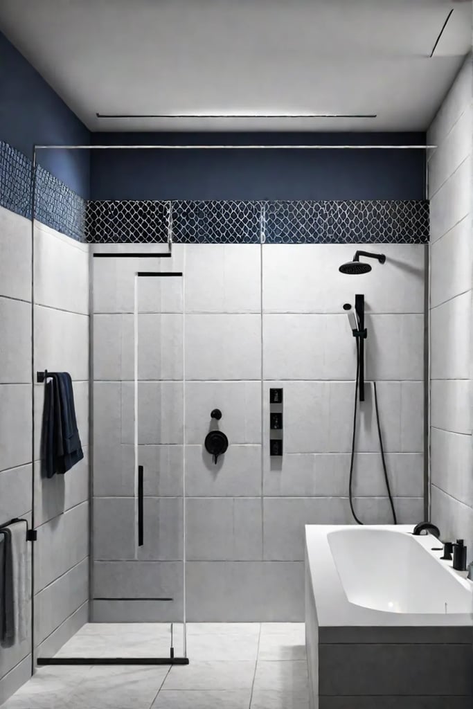 Shower space with contrasting colors and textured surfaces
