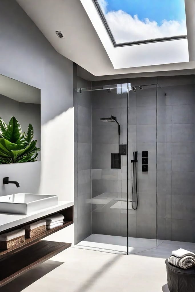 Skylightlit bathroom with white walls and warm wood accents creating a spacious