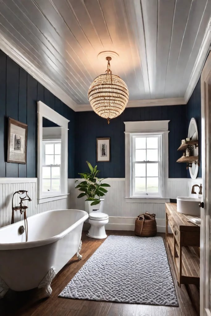 Small bathroom with DIY beadboard ceiling