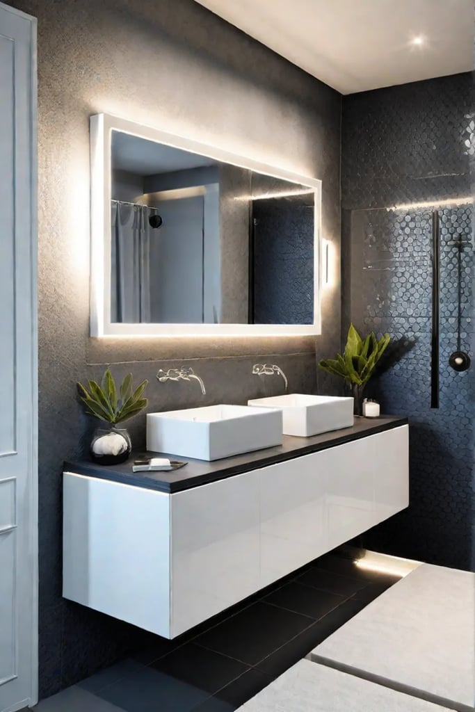 Small bathroom with DIY vanity and floating mirror