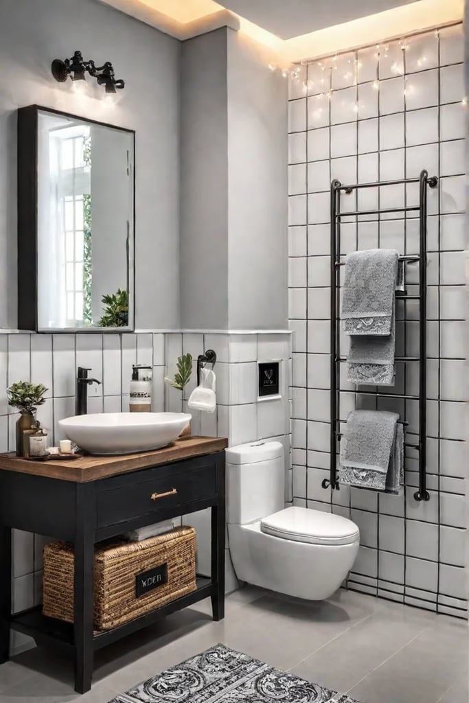 Small bathroom with DIY wallmounted towel rack