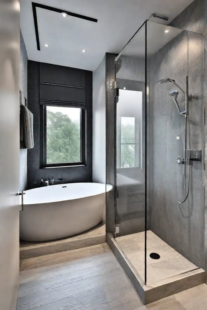 Small bathroom with a corner shower and compact vanity with storage