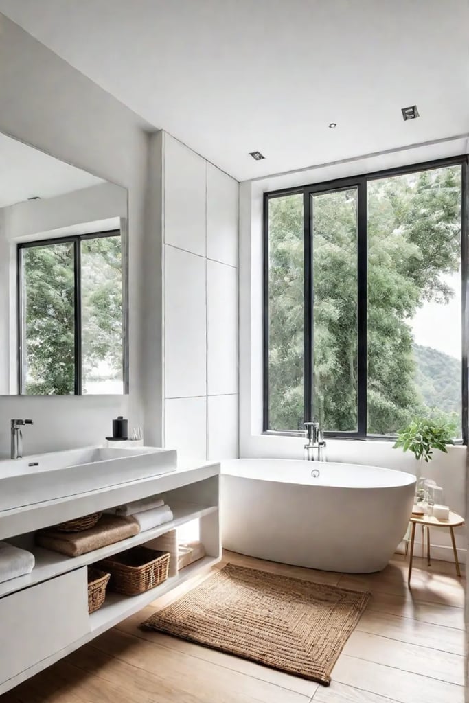 Small bathroom with ample natural light and organic materials