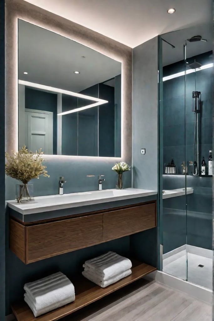 Small bathroom with clever storage solutions and smart use of mirror