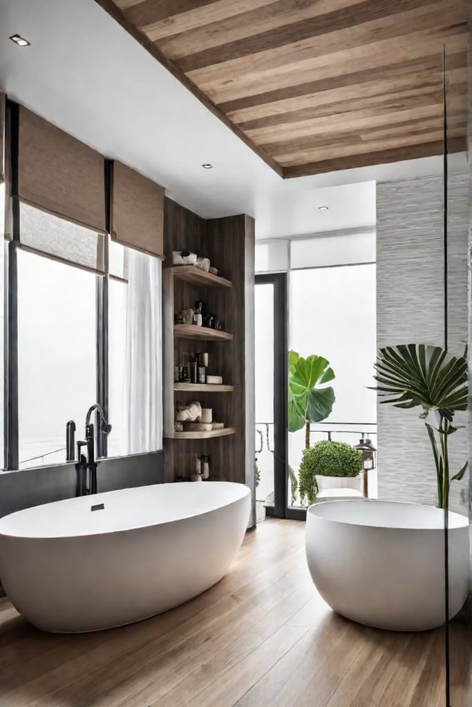 Small bathroom with cohesive color scheme and natural wood