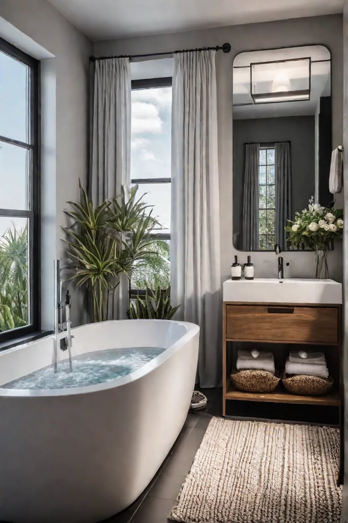 Small bathroom with cozy textiles and rug
