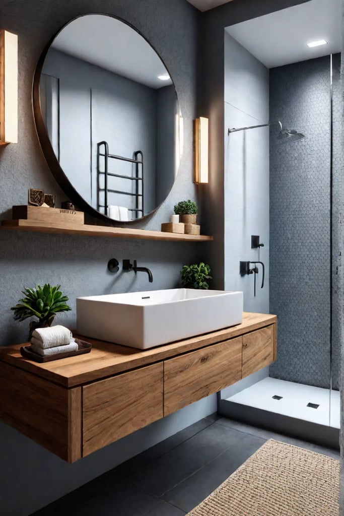 Small bathroom with floating vanity and ladder shelf