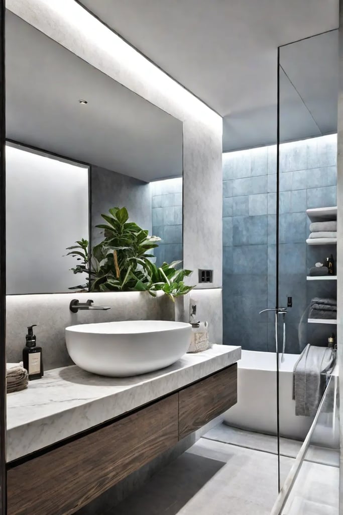 Small bathroom with floating vanity and storage niche