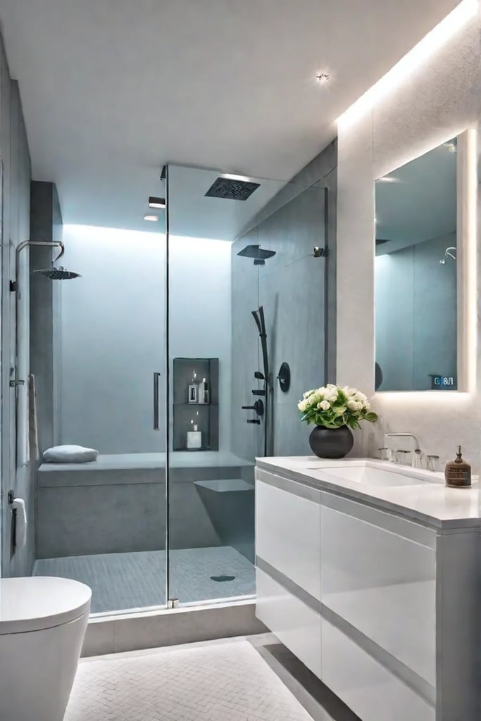 Small bathroom with light colors and a frameless glass shower for an