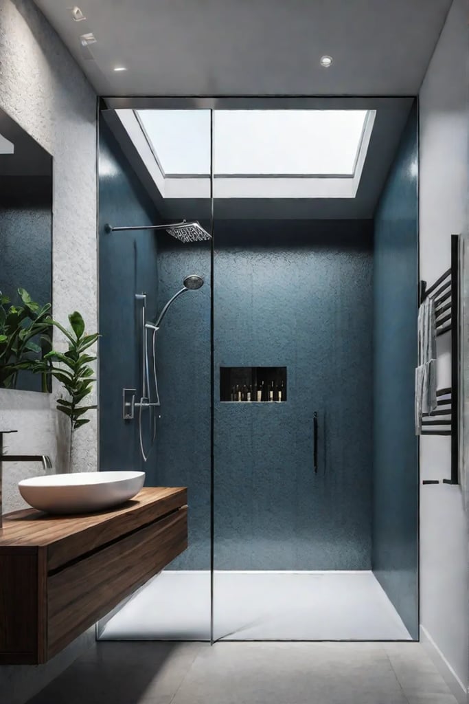 Small bathroom with walkin shower and rainfall showerhead