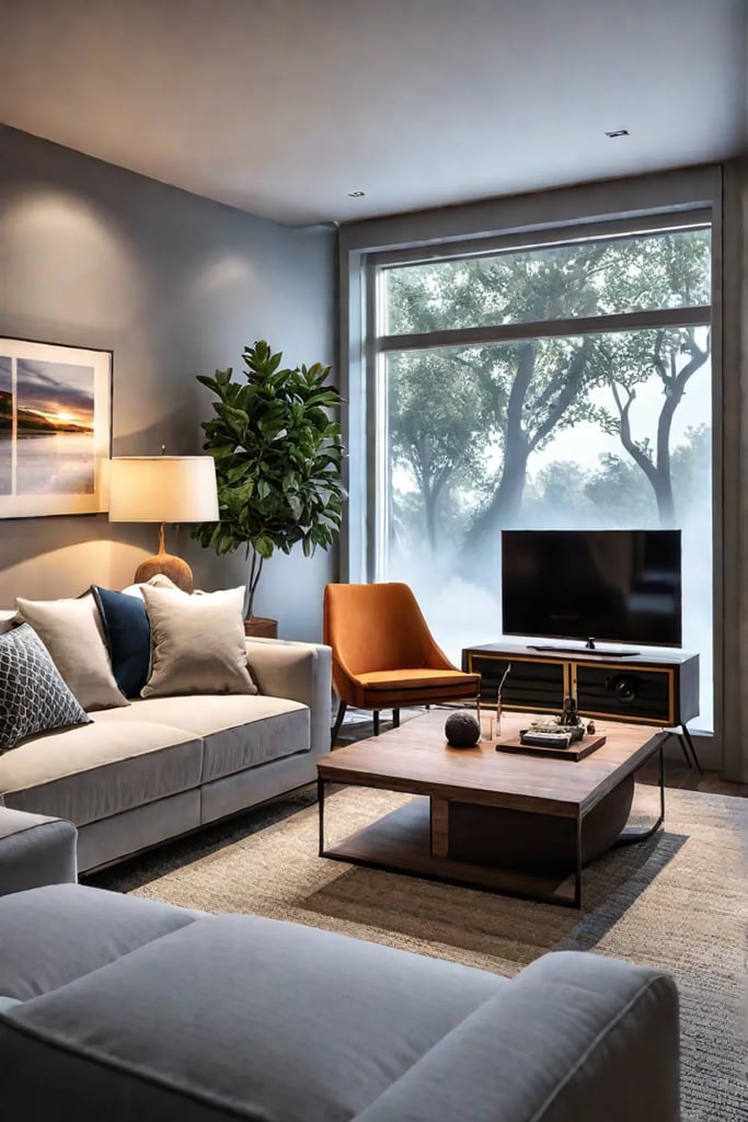 Small living room with corner fireplace and spacesaving design