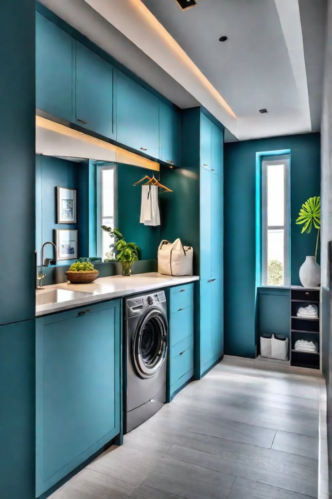 Small laundry room utilizing mirrors to create an illusion of depth