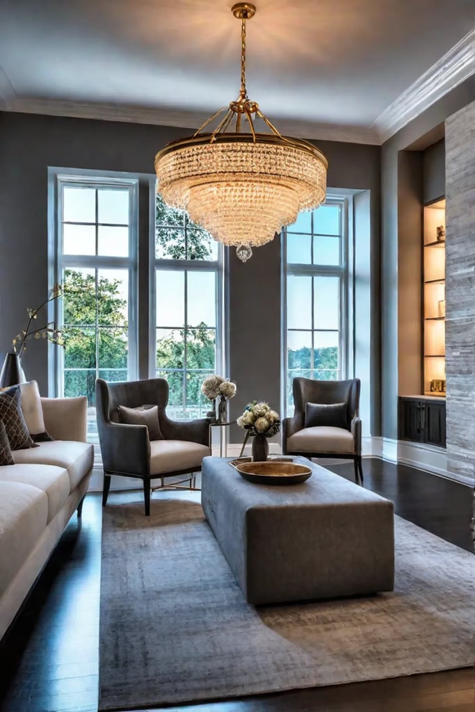 Small living room with a statement chandelier and table lamps for task lighting