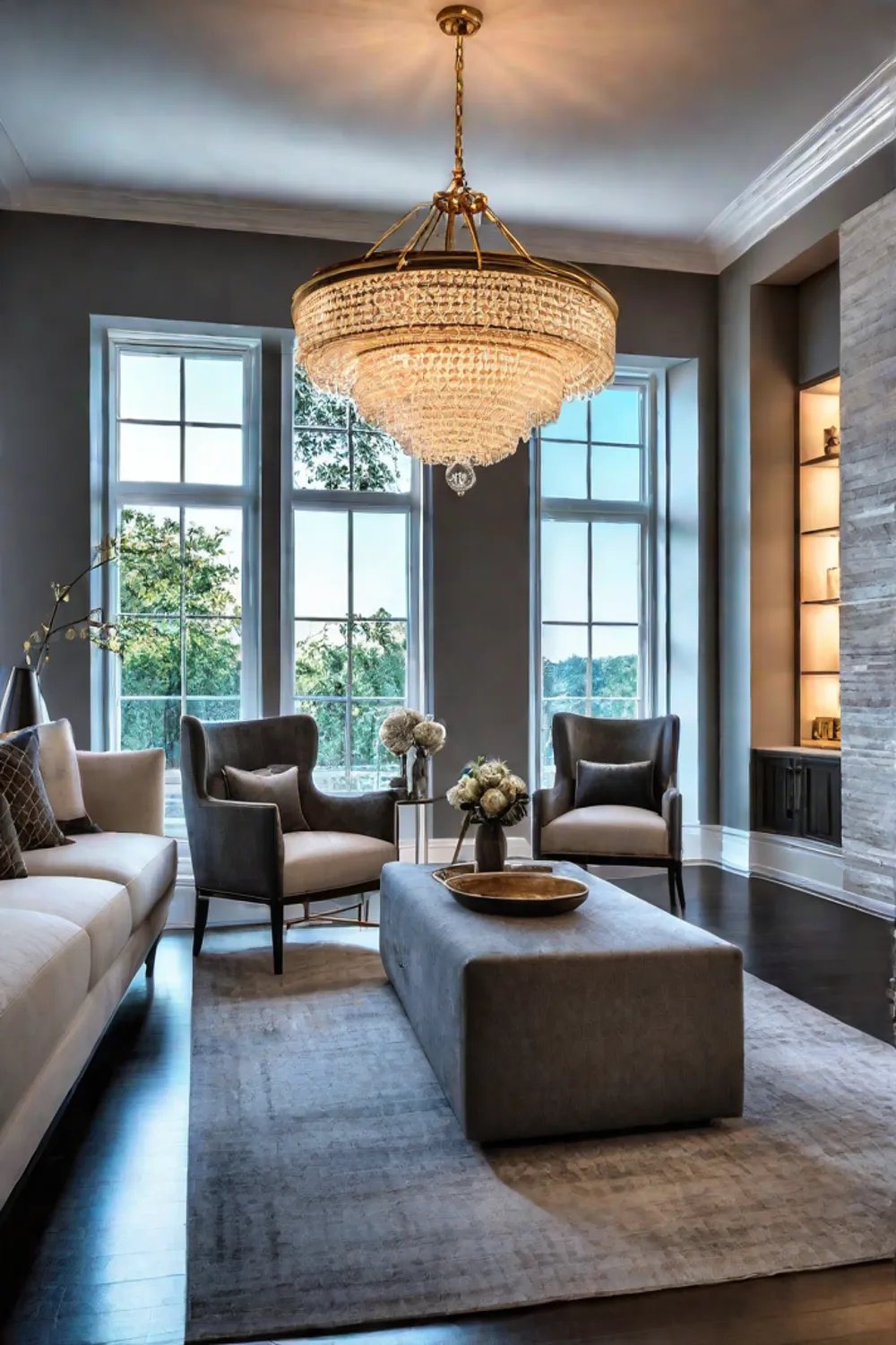 Small living room with a statement chandelier and table lamps for task lighting